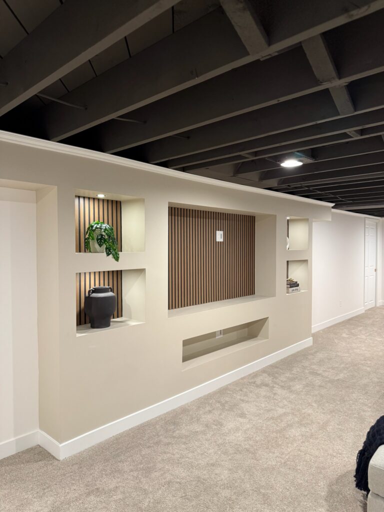 A modern entertainment center in a living room.